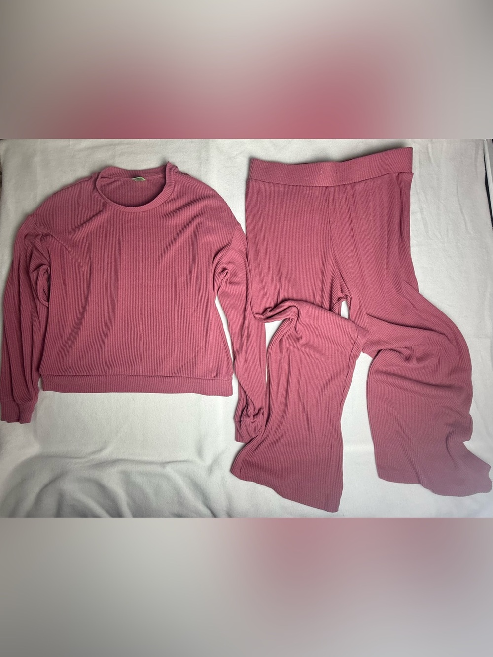 Honeydew Pink Ribbed Lounge Set Top & Flare Pants